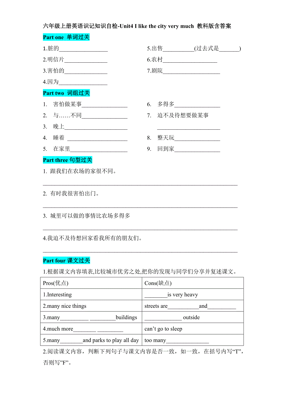 六年级上册英语识记知识自检-Unit4 I like the city very much 教科版含答案_第1页