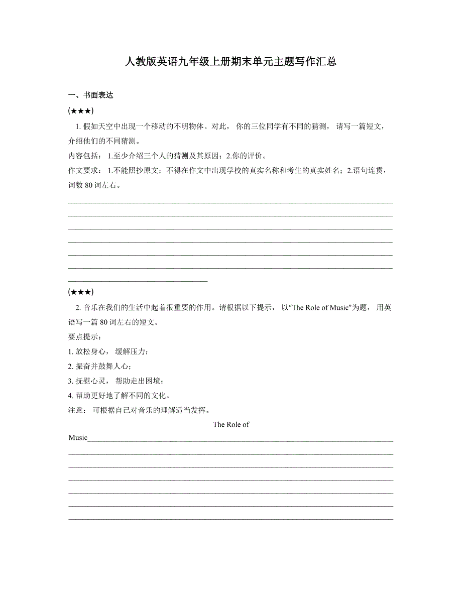 人教版英语九年级上册期末单元主题写作汇总_第1页