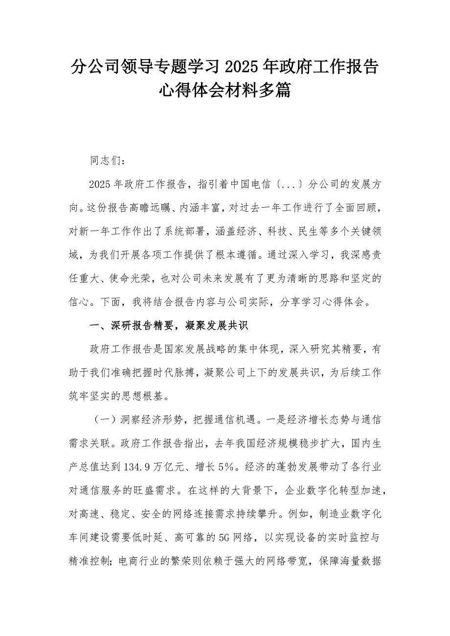 分公司领导专题学习2025年政府工作报告心得体会材料多篇_第1页