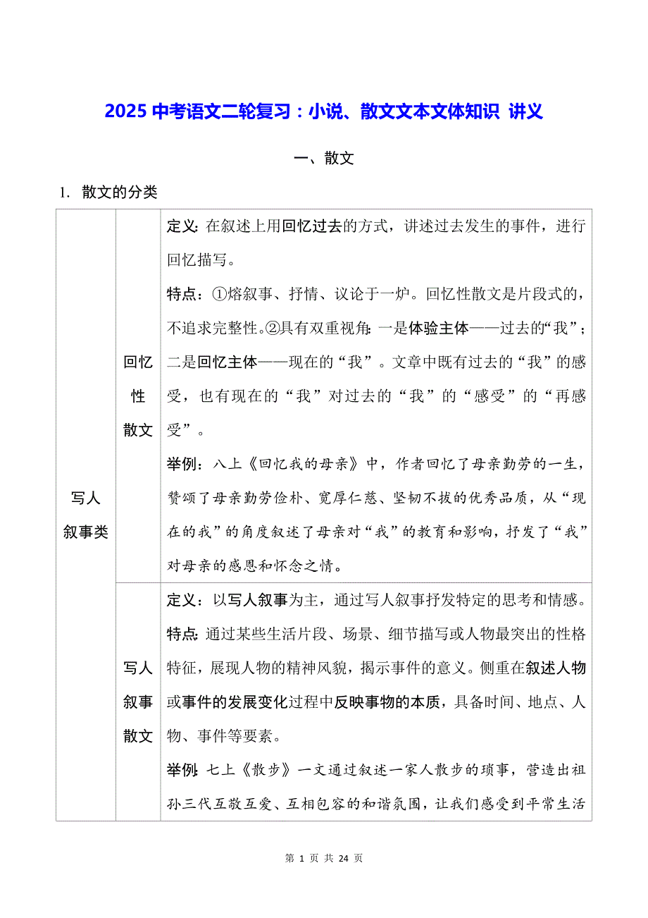 2025中考语文二轮复习：小说、散文文本文体知识 讲义_第1页