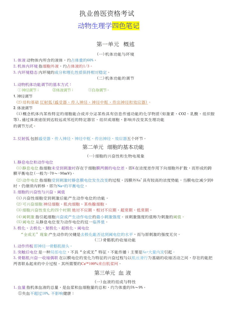 执业兽医资格考试：动物生理学四色笔记_第1页