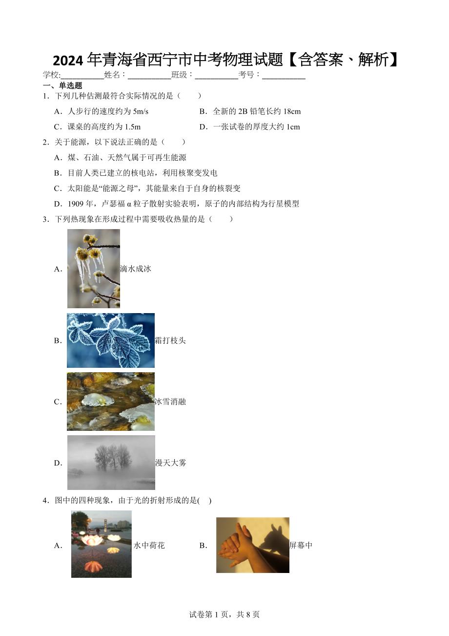 2024年青海省西宁市中考物理试题【含答案、解析】_第1页