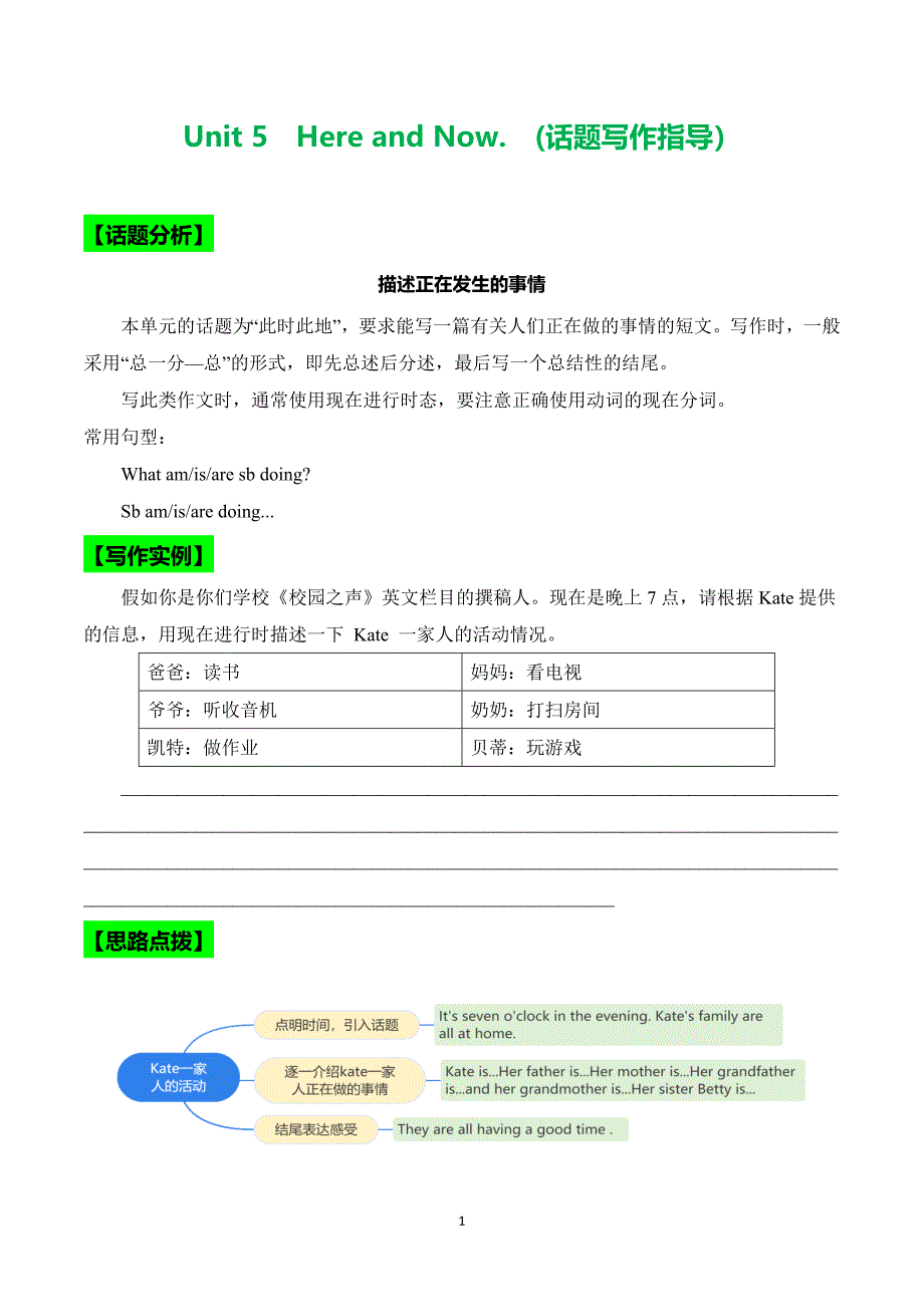 人教版（2024）新教材七年级英语下册Unit 5Here and Now（话题写作指导）（含答案）_第1页
