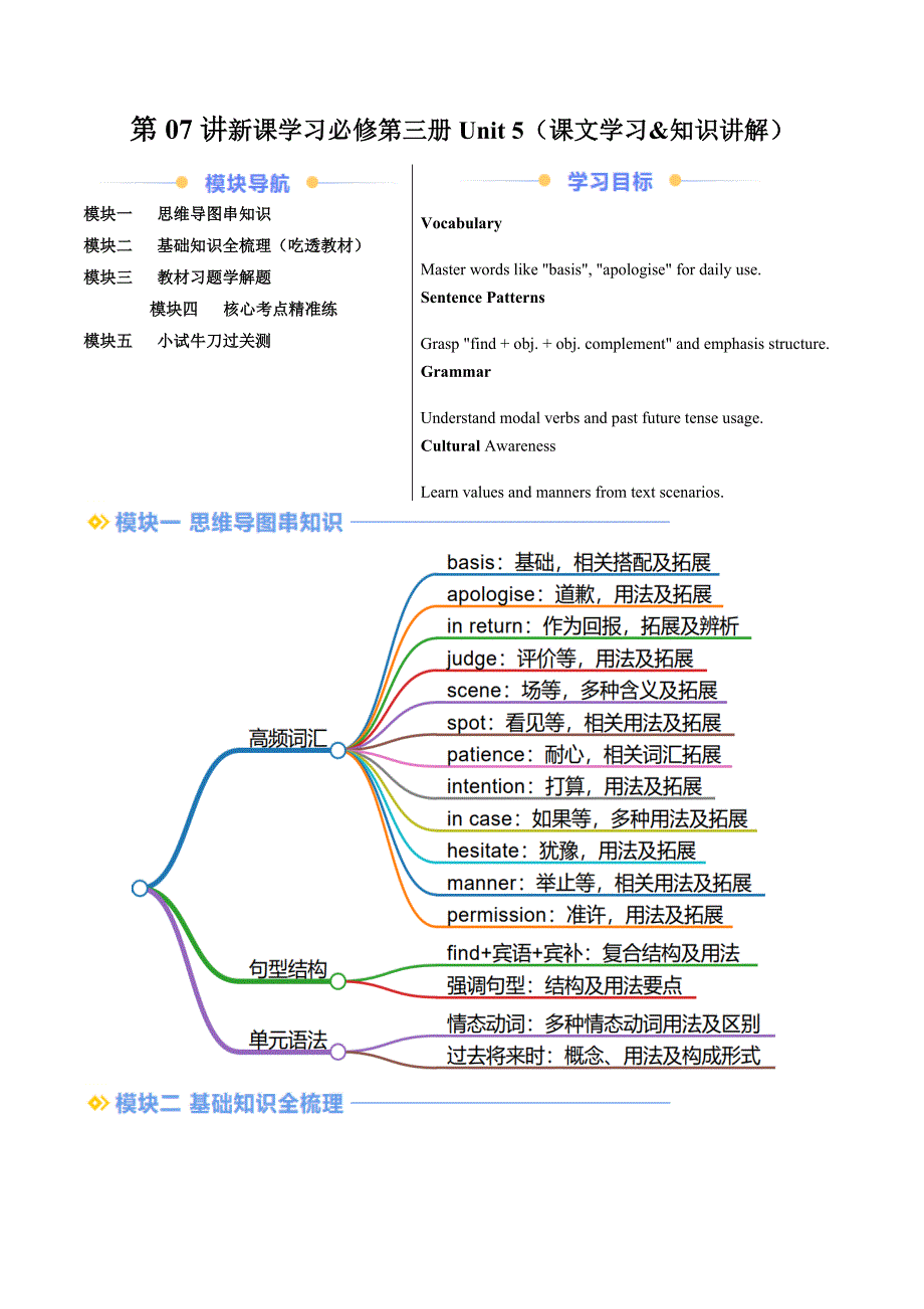 人教版高一英语寒假讲练②寒假预习-第07讲 必修三 Unit5 课文学习&知识点讲练（教师版）_第1页