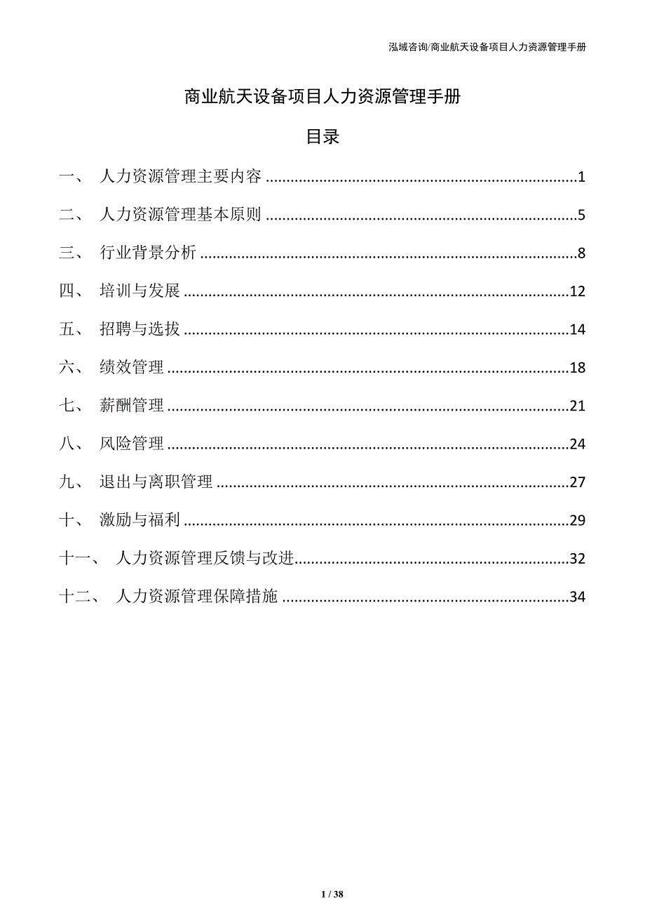 商业航天设备项目人力资源管理手册（范文）_第1页