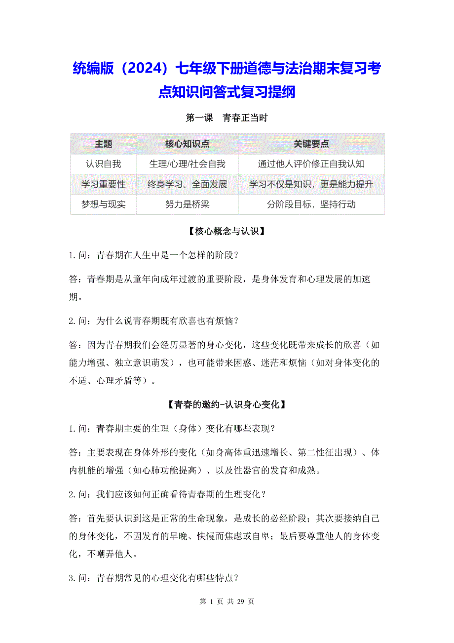 统编版（2024）七年级下册道德与法治期末复习考点知识问答式复习提纲 学案_第1页