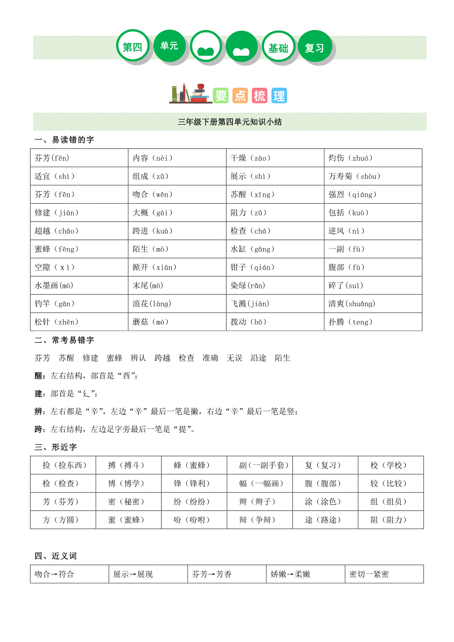 第4单元（知识梳理+检测）（含答案）-小学三年级语文下册单元复习讲义_第1页