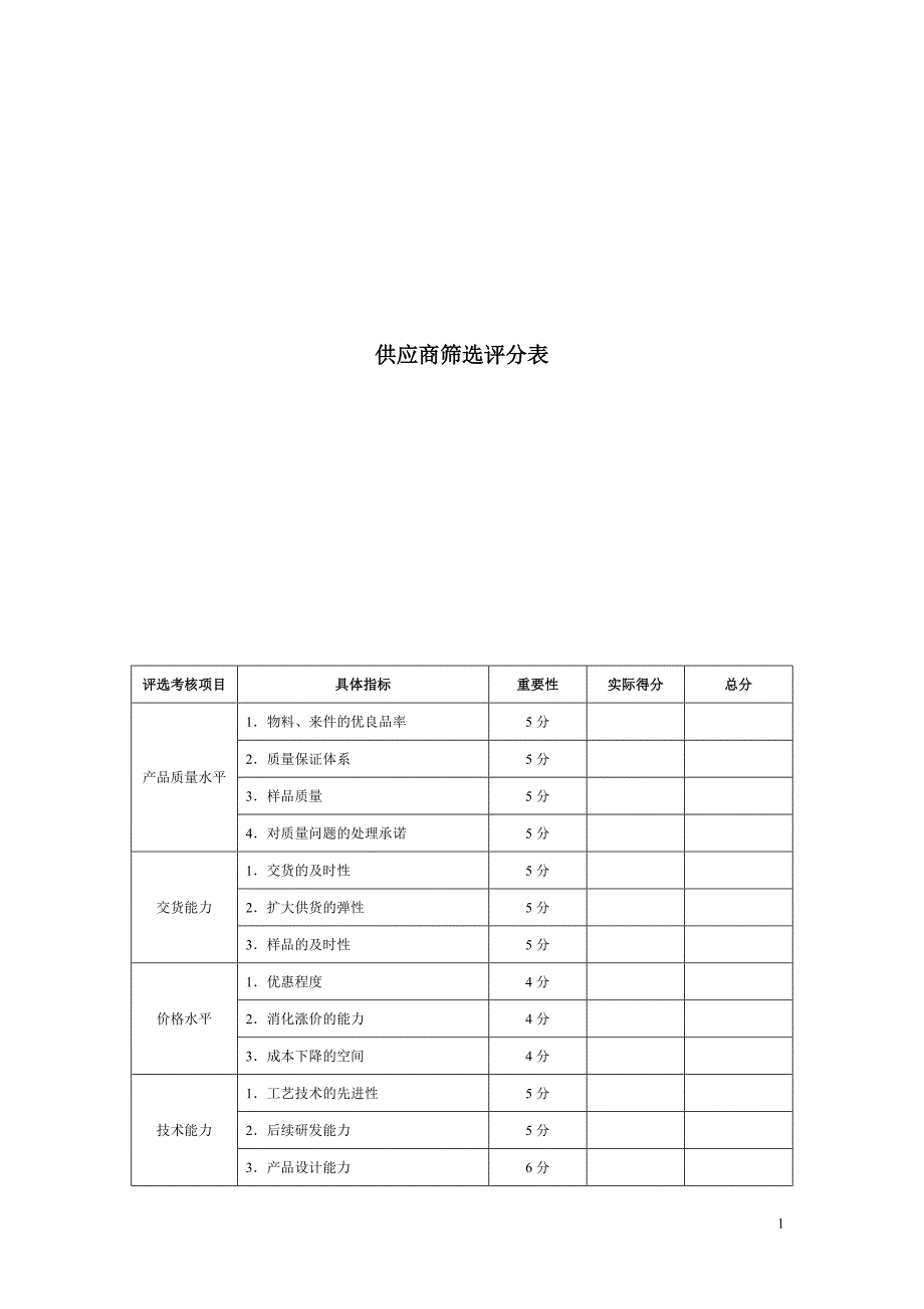 供应商筛选评分表（模板1）_第1页
